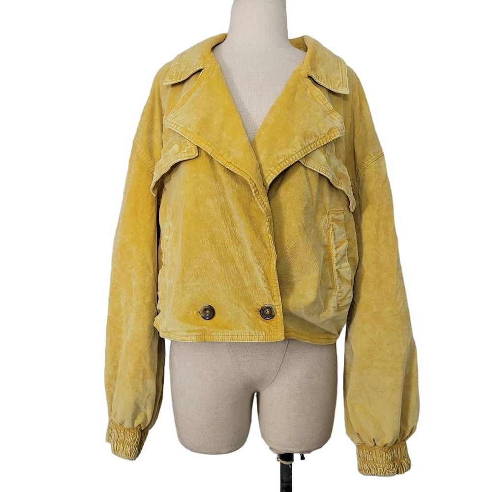 Free People We the Free Sure Thing Bomber Corduroy Jacket Sz L Canary Distressed